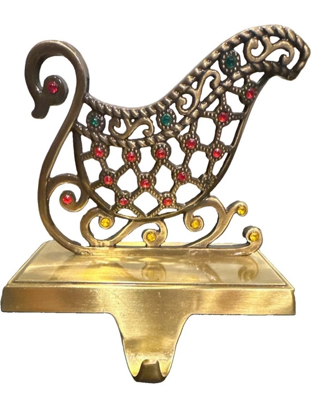 Vintage Brass Sleigh Stocking Holder - Jeweled Filigree Mantel Hanger
